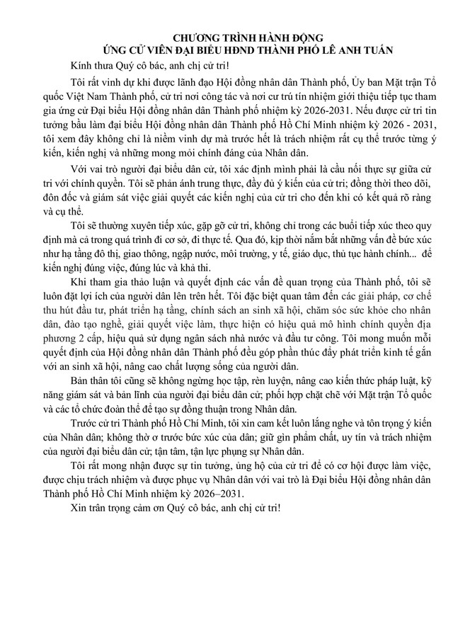 Chương trình hành động Ứng cử viên Đại biểu Hội đồng nhân dân TP. Hồ Chí Minh Khóa XI Lê Anh Tuấn- Ảnh 2. Chương trình hành động Ứng cử viên Đại biểu Hội đồng nhân dân TP. Hồ Chí Minh Khóa XI Lê Anh Tuấn- Ảnh 2.