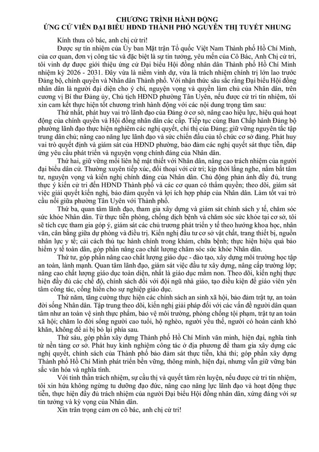 Chương trình hành động Ứng cử viên Đại biểu Hội đồng nhân dân TP. Hồ Chí Minh Khóa XI Nguyễn Thị Tuyết Nhung- Ảnh 2.