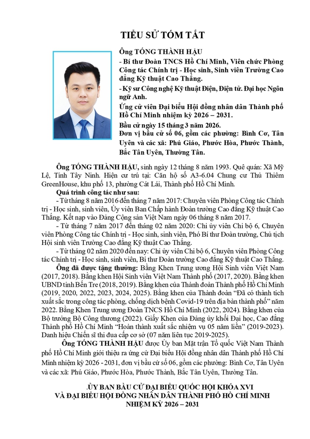 Chương trình hành động Ứng cử viên Đại biểu Hội đồng nhân dân TP. Hồ Chí Minh Khóa XI Tống Thành Hậu- Ảnh 1.