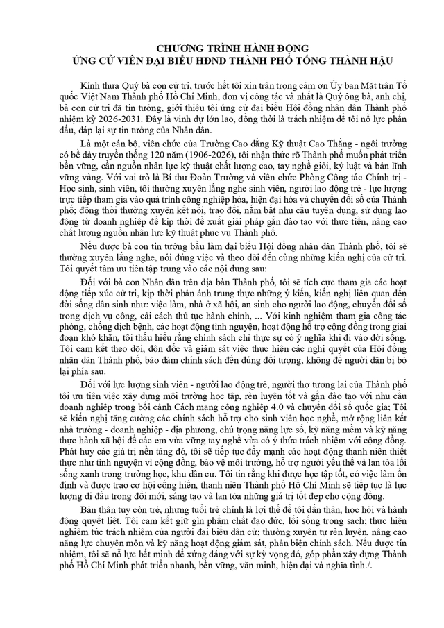 Chương trình hành động Ứng cử viên Đại biểu Hội đồng nhân dân TP. Hồ Chí Minh Khóa XI Tống Thành Hậu- Ảnh 2.