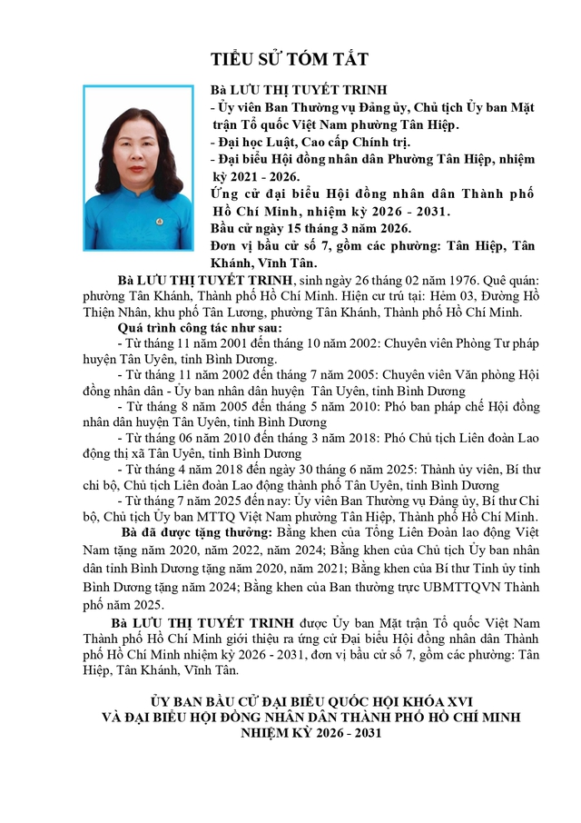 Tóm tắt tiểu sử bà Lưu Thị Tuyết Trinh ứng cử Hội đồng nhân dân TP. Hồ Chí Minh Khóa XI- Ảnh 1.