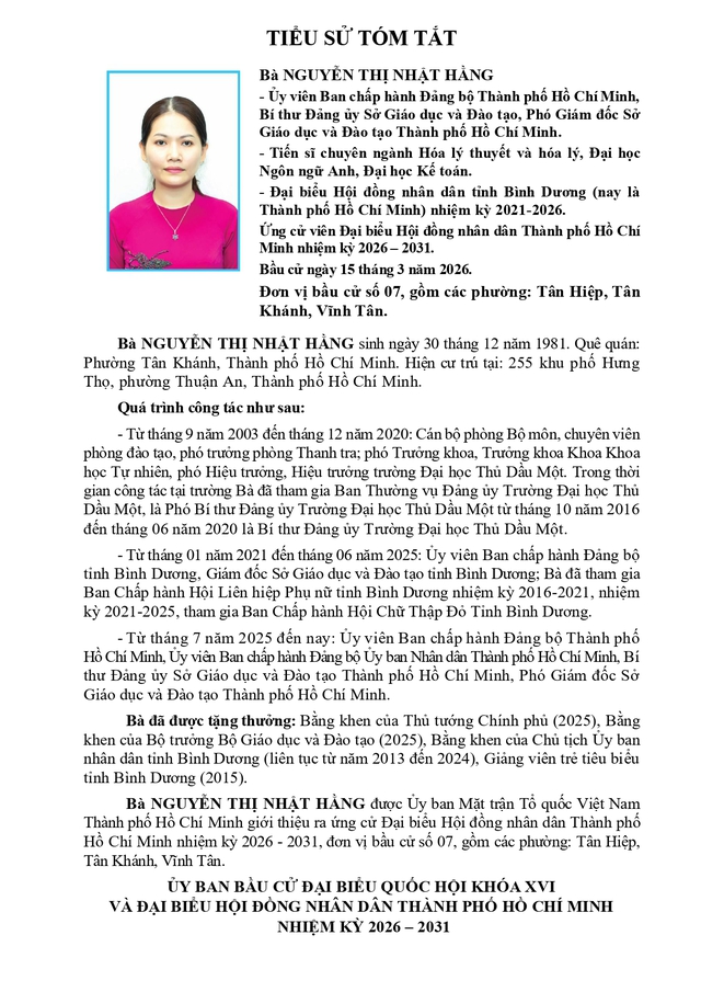 Chương trình hành động Ứng cử viên Đại biểu Hội đồng nhân dân TP. Hồ Chí Minh Khóa XI Nguyễn Thị Nhật Hằng- Ảnh 1.
