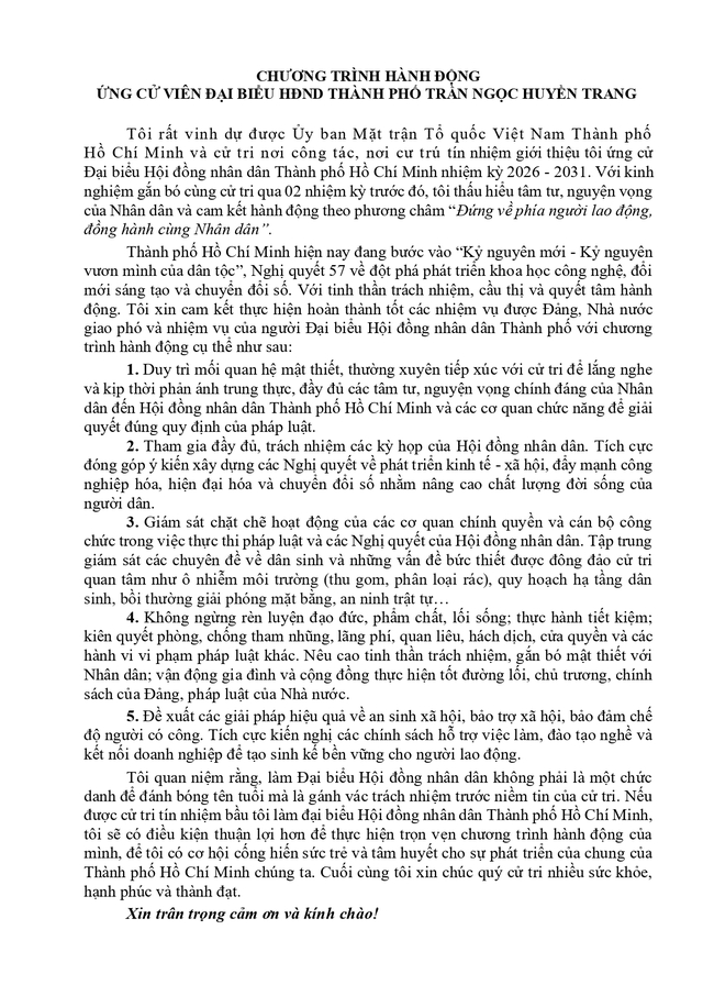 Chương trình hành động Ứng cử viên Đại biểu Hội đồng nhân dân TP. Hồ Chí Minh Khóa XI Trần Ngọc Huyền Trang- Ảnh 2.