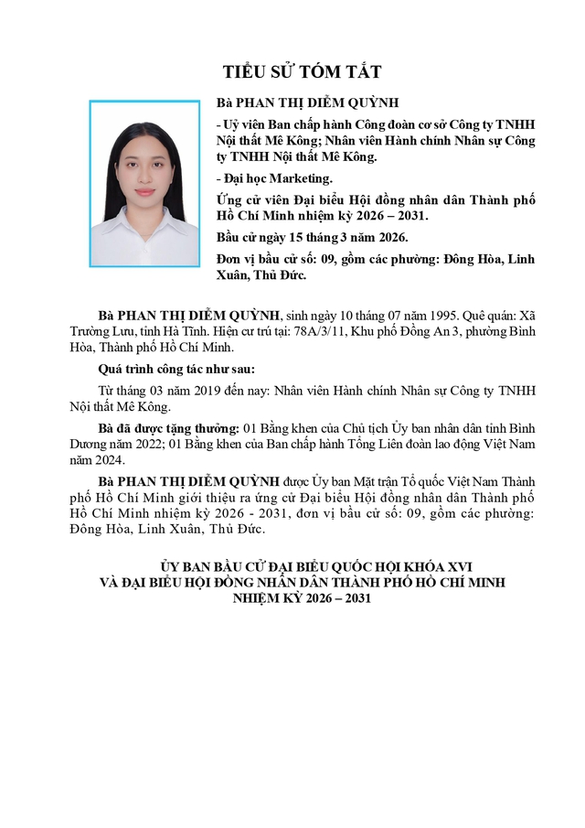 Tóm tắt tiểu sử bà Phan Thị Diễm Quỳnh ứng cử Hội đồng nhân dân TP. Hồ Chí Minh Khóa XI- Ảnh 1. Tóm tắt tiểu sử bà Phan Thị Diễm Quỳnh ứng cử Hội đồng nhân dân TP. Hồ Chí Minh Khóa XI- Ảnh 1.