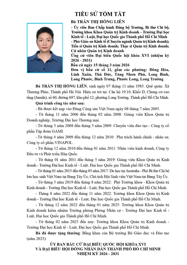Tóm tắt tiểu sử bà Trần Thị Hồng Liên ứng cử Đại biểu Quốc hội Khóa XVI - Ảnh 1.