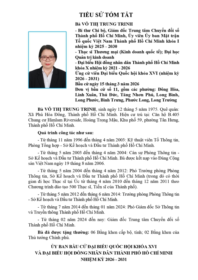Tóm tắt tiểu sử bà Võ Thị Trung Trinh ứng cử Đại biểu Quốc hội Khóa XVI - Ảnh 1.
