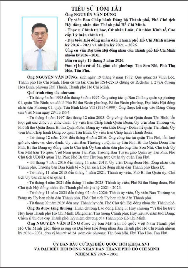 Tóm tắt tiểu sử ông Nguyễn Văn Dũng ứng cử Hội đồng nhân dân TP. Hồ Chí Minh Khóa XI - Ảnh 1.