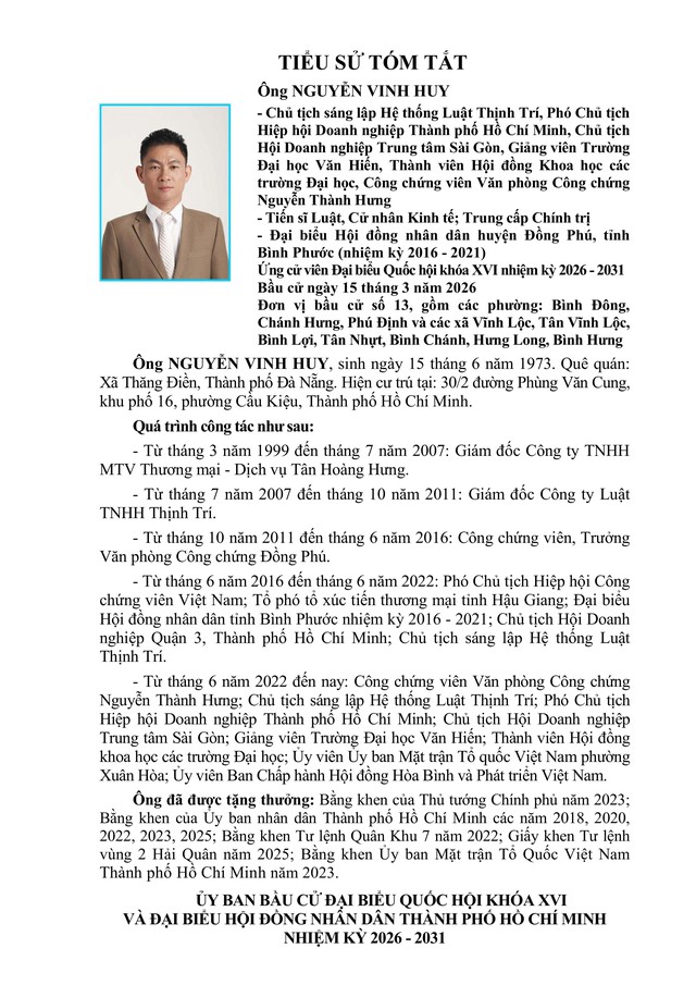 Tóm tắt tiểu sử ông Nguyễn Vinh Huy ứng cử Đại biểu Quốc hội Khóa XVI - Ảnh 1.