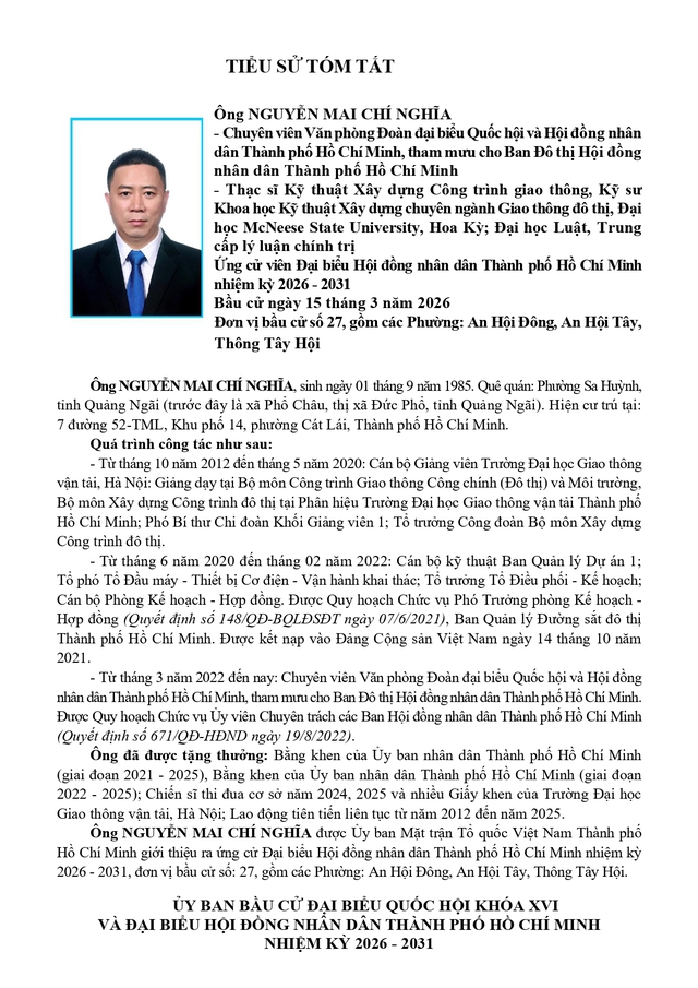 Ông Mai Chí Nghĩa trúng cử Đại biểu Hội đồng nhân dân TP. Hồ Chí Minh Khóa XI nhiệm kỳ 2026 - 2031 - Ảnh 1.
