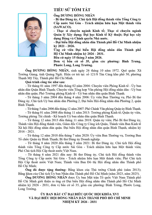 Ông Dương Hồng Nhân trúng cử Đại biểu Hội đồng nhân dân TP. Hồ Chí Minh Khóa XI nhiệm kỳ 2026 - 2031 - Ảnh 1.