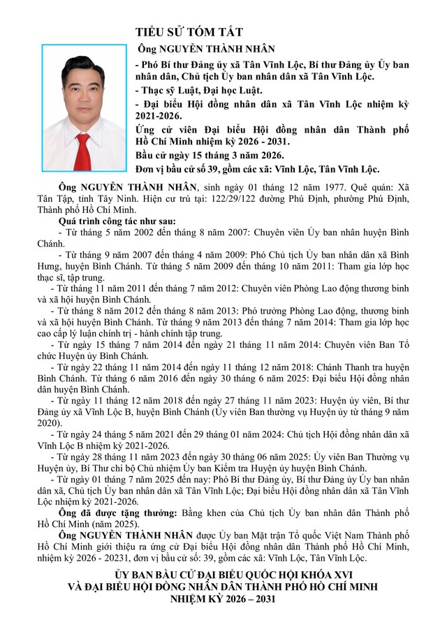 Ông Nguyễn Thành Nhân trúng cử Đại biểu Hội đồng nhân dân TP. Hồ Chí Minh Khóa XI nhiệm kỳ 2026 - 2031 - Ảnh 1.