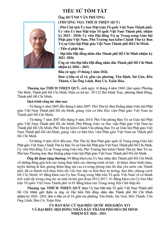 Ông Huỳnh Văn Phương (Thượng tọa Thích Thiện Quý) trúng cử Đại biểu Hội đồng nhân dân TP. Hồ Chí Minh Khóa XI nhiệm kỳ 2026 - 2031 - Ảnh 1.