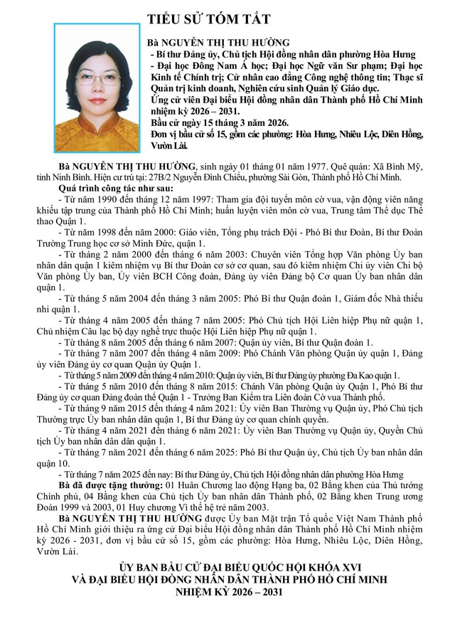 Bà Nguyễn Thị Thu Hường trúng cử Đại biểu Hội đồng nhân dân TP. Hồ Chí Minh Khóa XI nhiệm kỳ 2026 - 2031 - Ảnh 2.