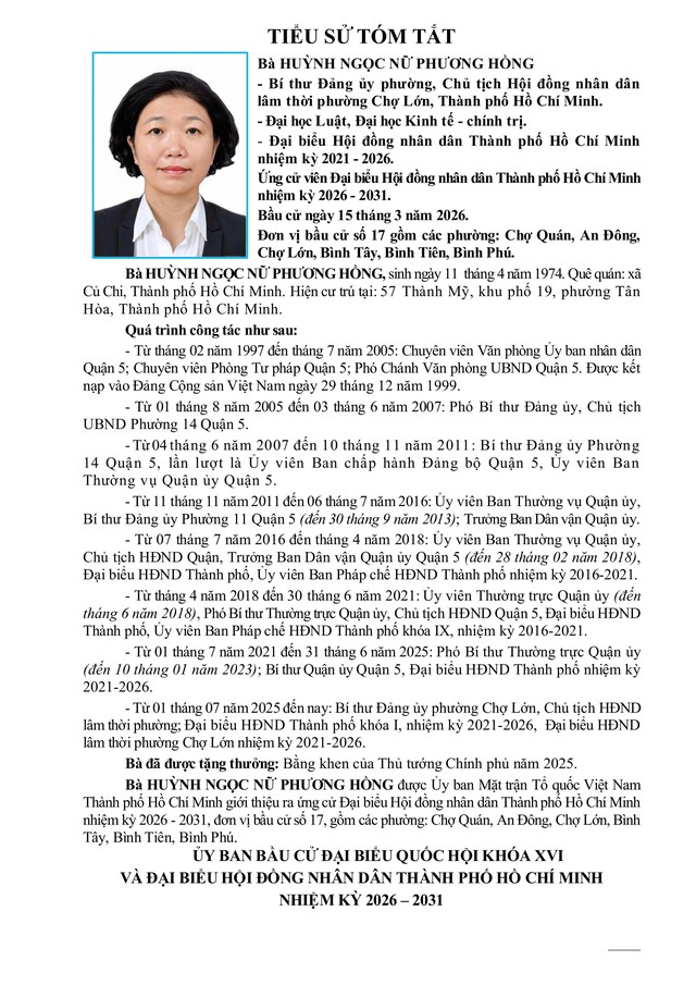 Bà Huỳnh Ngọc Nữ Phương Hồng trúng cử Đại biểu Hội đồng nhân dân TP. Hồ Chí Minh Khóa XI nhiệm kỳ 2026 - 2031 - Ảnh 2.