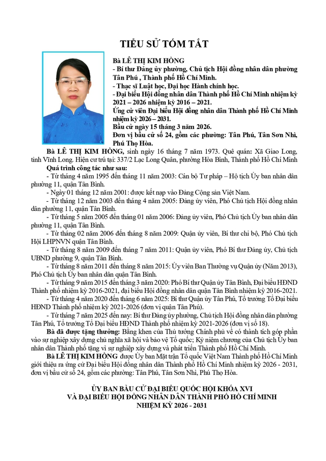 Bà Lê Thị Kim Hồng trúng cử Đại biểu Hội đồng nhân dân TP. Hồ Chí Minh Khóa XI nhiệm kỳ 2026 - 2031 - Ảnh 2.