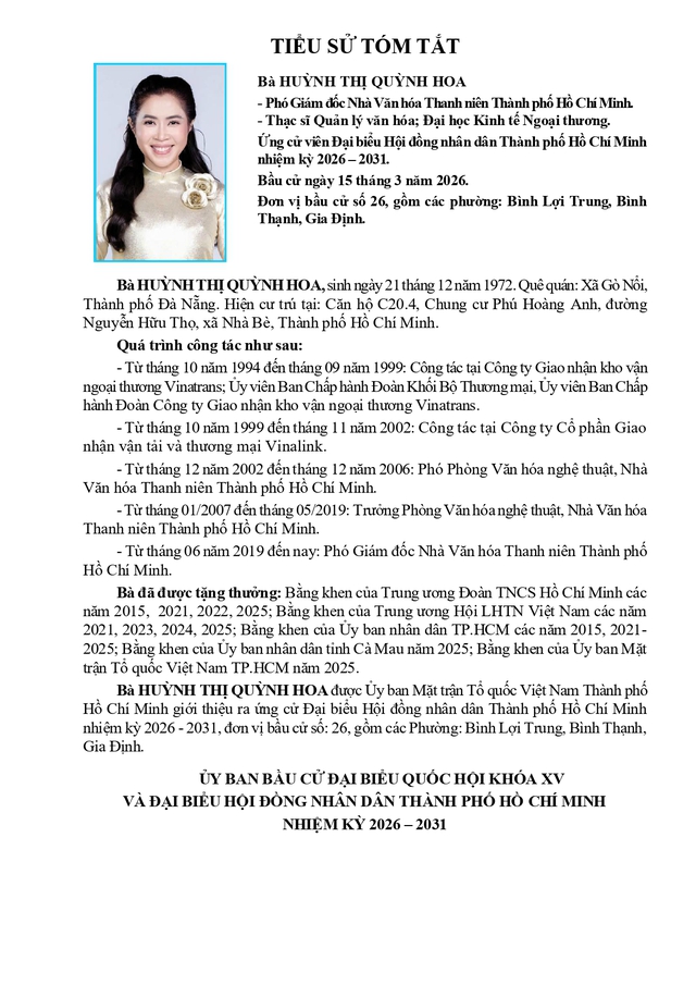 Bà Huỳnh Thị Quỳnh Hoa trúng cử Đại biểu Hội đồng nhân dân TP. Hồ Chí Minh Khóa XI nhiệm kỳ 2026 - 2031 - Ảnh 2.