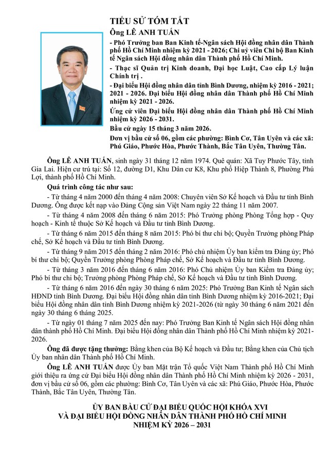 Ông Lê Anh Tuấn trúng cử Đại biểu Hội đồng nhân dân TP. Hồ Chí Minh Khóa XI nhiệm kỳ 2026 - 2031 - Ảnh 1.