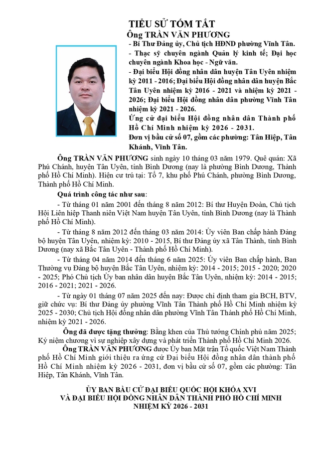 Ông Trần Văn Phương trúng cử Đại biểu Hội đồng nhân dân TP. Hồ Chí Minh Khóa XI nhiệm kỳ 2026 - 2031 - Ảnh 1.