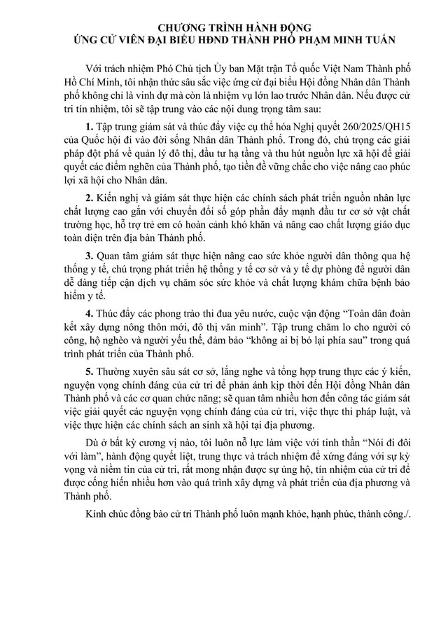 Chương trình hành động Ứng cử viên Đại biểu Hội đồng nhân dân TP. Hồ Chí Minh Khóa XI XXX - Ảnh 2.