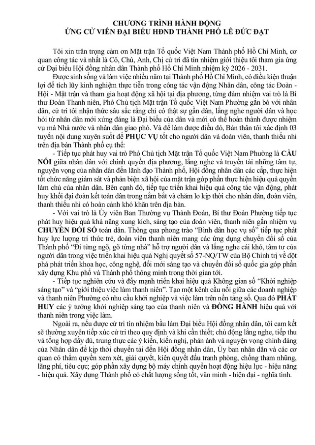 Chương trình hành động Ứng cử viên Đại biểu Hội đồng nhân dân TP. Hồ Chí Minh Khóa XI XXX - Ảnh 2.