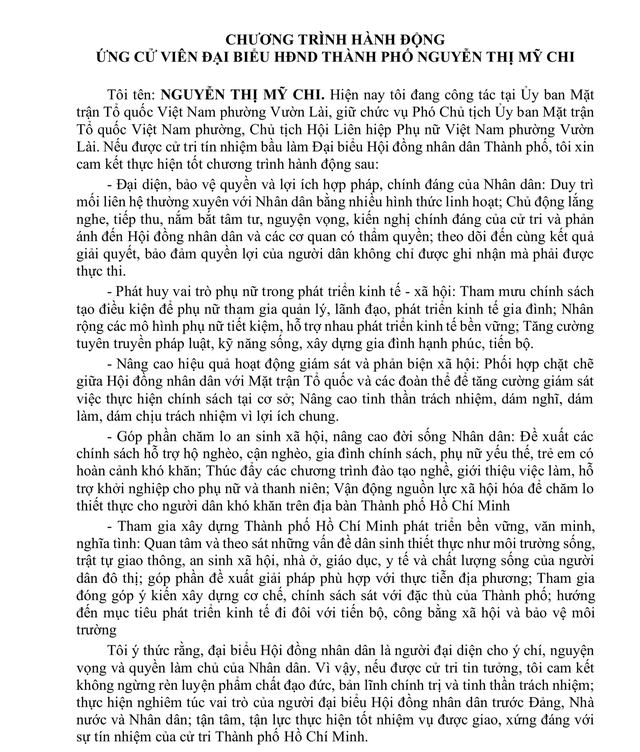 Chương trình hành động Ứng cử viên Đại biểu Hội đồng nhân dân TP. Hồ Chí Minh Khóa XI Nguyễn Thị Mỹ Chi - Ảnh 2.