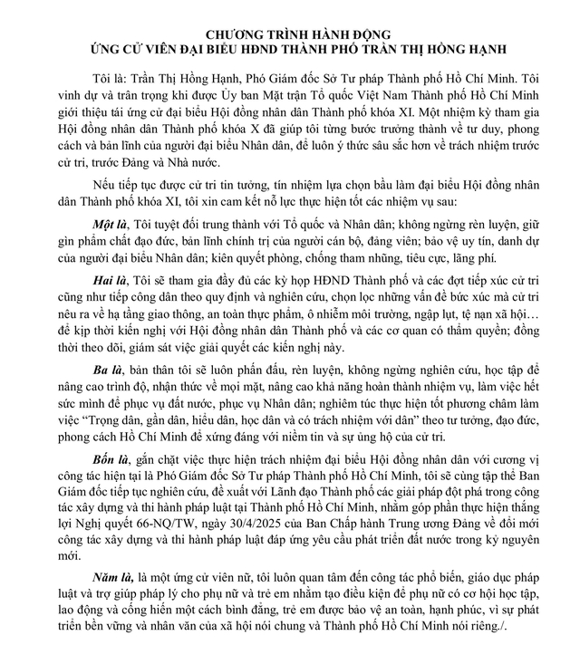 Chương trình hành động Ứng cử viên Đại biểu Hội đồng nhân dân TP. Hồ Chí Minh Khóa Trần Thị Hồng Hạnh  - Ảnh 2.