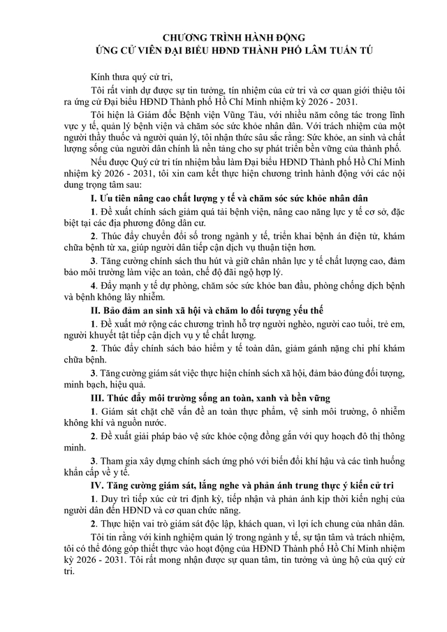 Chương trình hành động Ứng cử viên Đại biểu Hội đồng nhân dân TP. Hồ Chí Minh Khóa XI Lâm Tuấn Tú - Ảnh 2.
