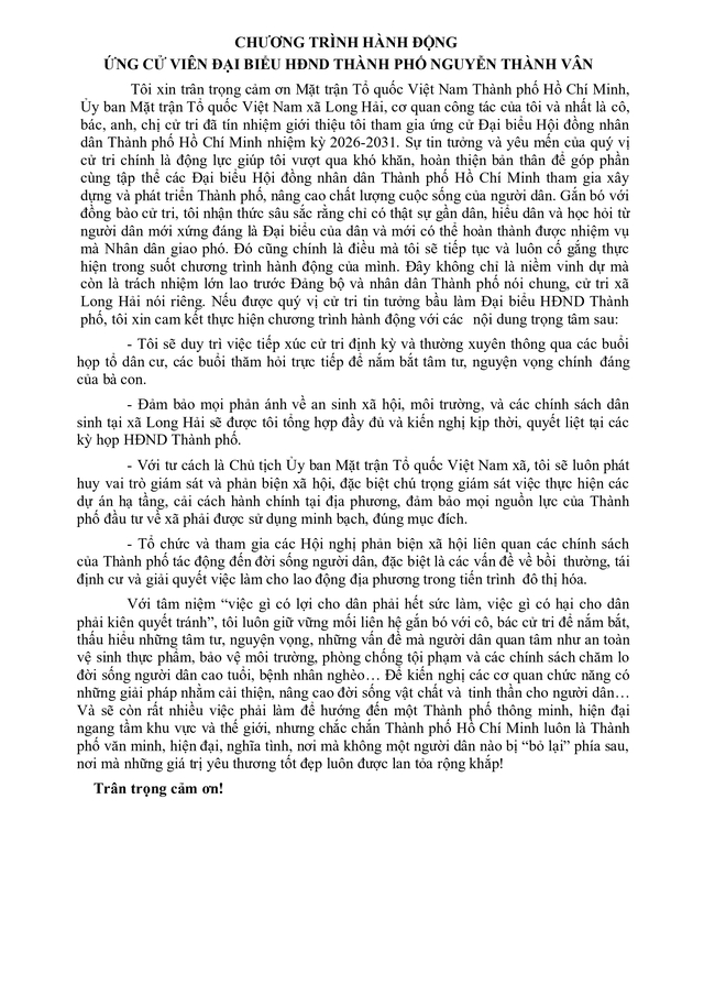 Chương trình hành động Ứng cử viên Đại biểu Hội đồng nhân dân TP. Hồ Chí Minh Khóa XI Nguyễn Thành Vân - Ảnh 2.