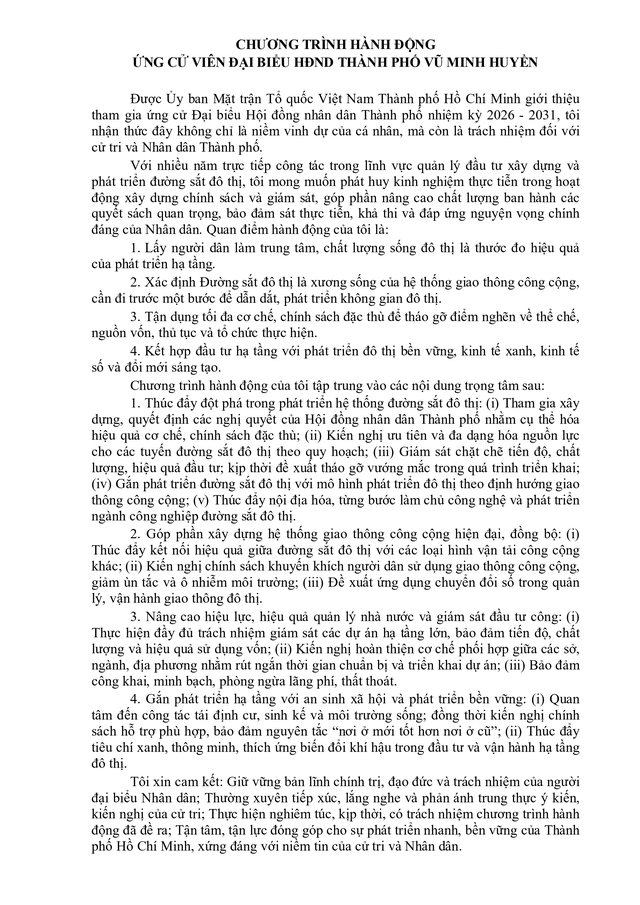 Chương trình hành động Ứng cử viên Đại biểu Hội đồng nhân dân TP. Hồ Chí Minh Khóa XI Vũ Minh Huyền - Ảnh 2.