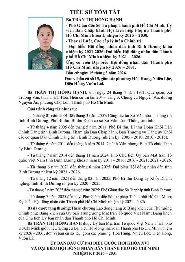 Chương trình hành động Ứng cử viên Đại biểu Hội đồng nhân dân TP. Hồ Chí Minh Khóa Trần Thị Hồng Hạnh  - Ảnh 1.
