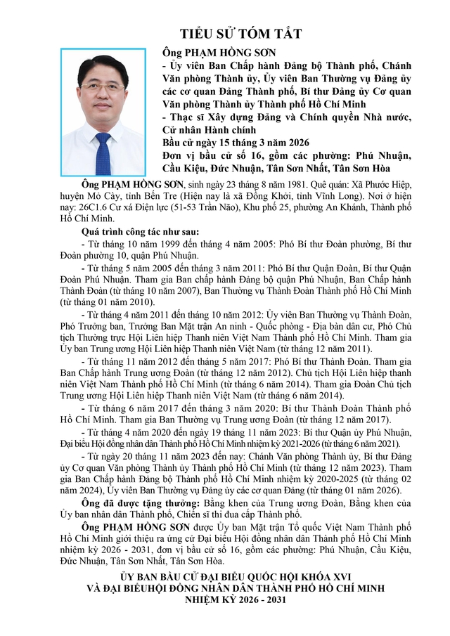 Chương trình hành động Ứng cử viên Đại biểu Hội đồng nhân dân TP. Hồ Chí Minh Khóa XI Phạm Hồng Sơn - Ảnh 1.