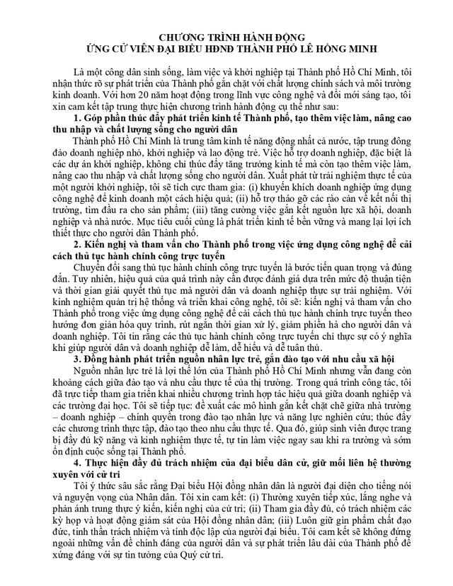 Chương trình hành động Ứng cử viên Đại biểu Hội đồng nhân dân TP. Hồ Chí Minh Khóa XI Lê Hồng Minh - Ảnh 2.