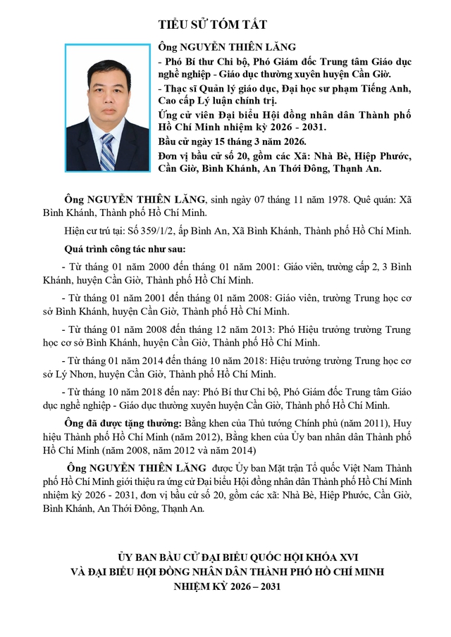 Chương trình hành động Ứng cử viên Đại biểu Hội đồng nhân dân TP. Hồ Chí Minh Khóa XI Nguyễn Thiên Lăng - Ảnh 1.