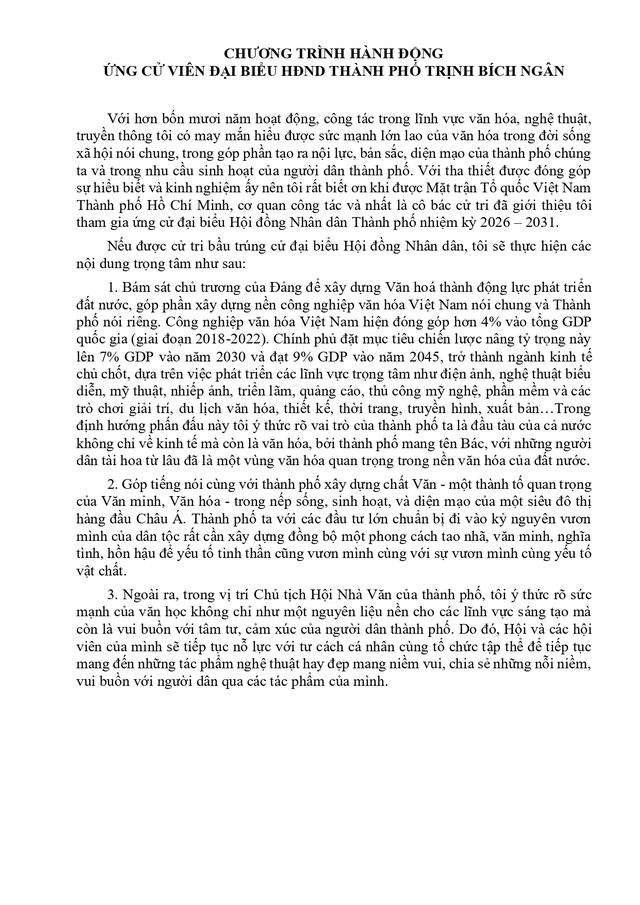 Chương trình hành động Ứng cử viên Đại biểu Hội đồng nhân dân TP. Hồ Chí Minh Khóa XI Trịnh Bích Ngân - Ảnh 2.
