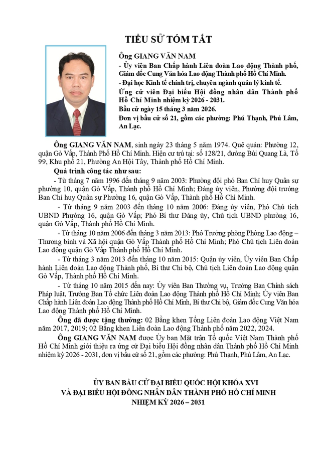 Chương trình hành động Ứng cử viên Đại biểu Hội đồng nhân dân TP. Hồ Chí Minh Khóa XI Giang Văn Nam - Ảnh 1.