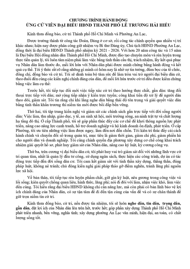 Chương trình hành động Ứng cử viên Đại biểu Hội đồng nhân dân TP. Hồ Chí Minh Khóa XI Lê Trương Hải Hiếu - Ảnh 2.