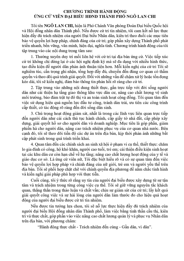 Chương trình hành động Ứng cử viên Đại biểu Hội đồng nhân dân TP. Hồ Chí Minh Khóa XI Ngô Lan Chi - Ảnh 2.