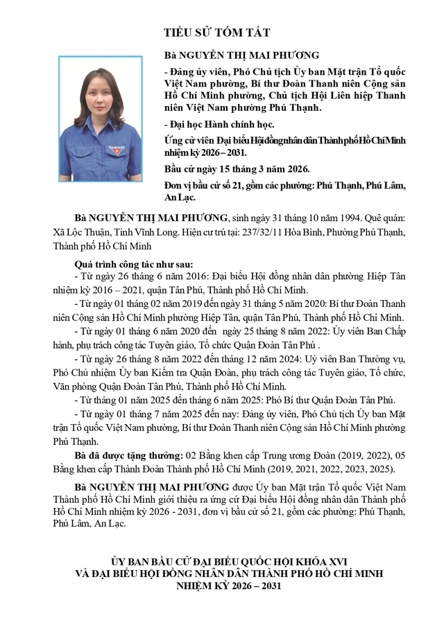 Chương trình hành động Ứng cử viên Đại biểu Hội đồng nhân dân TP. Hồ Chí Minh Khóa XI Nguyễn Thị Mai Phương - Ảnh 1.