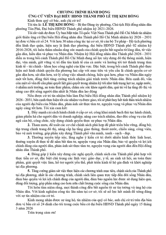Chương trình hành động Ứng cử viên Đại biểu Hội đồng nhân dân TP. Hồ Chí Minh Khóa XI Lê Thị Kim Hồng - Ảnh 2.