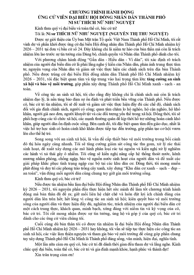Chương trình hành động Ứng cử viên Đại biểu Hội đồng nhân dân TP. Hồ Chí Minh Khóa XI Nguyễn Thị Thu Nguyệt (Ni sư Thích Nữ Như Nguyệt) - Ảnh 2.