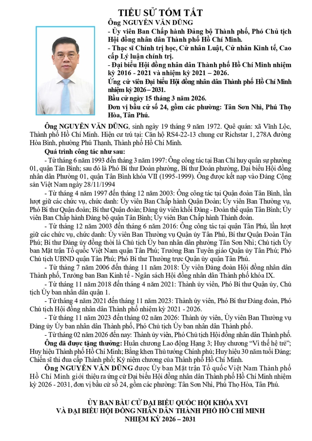 Chương trình hành động Ứng cử viên Đại biểu Hội đồng nhân dân TP. Hồ Chí Minh Khóa XI Nguyễn Văn Dũng - Ảnh 1.