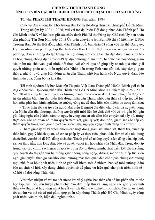 Chương trình hành động Ứng cử viên Đại biểu Hội đồng nhân dân TP. Hồ Chí Minh Khóa XI Phạm Thị Thanh Hương - Ảnh 2.