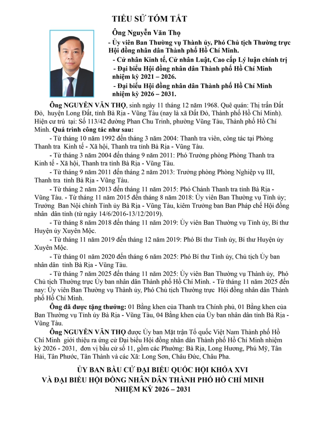 Tóm tắt tiểu sử ông Nguyễn Văn Thọ - Phó Chủ tịch Hội đồng nhân dân Khóa XI- Ảnh 1.