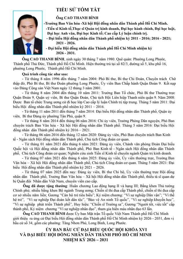 Tóm tắt tiểu sử ông Cao Thanh Bình - Trưởng Ban Văn hóa - Xã hội HĐND TP. Hồ Chí Minh khóa XI- Ảnh 1.