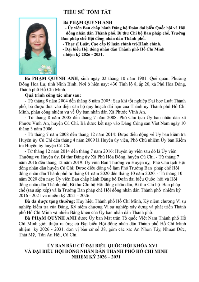 Tóm tắt tiểu sử bà Phạm Quỳnh Anh - Trưởng Ban Pháp chế HĐND TP. Hồ Chí Minh khóa XI- Ảnh 1.