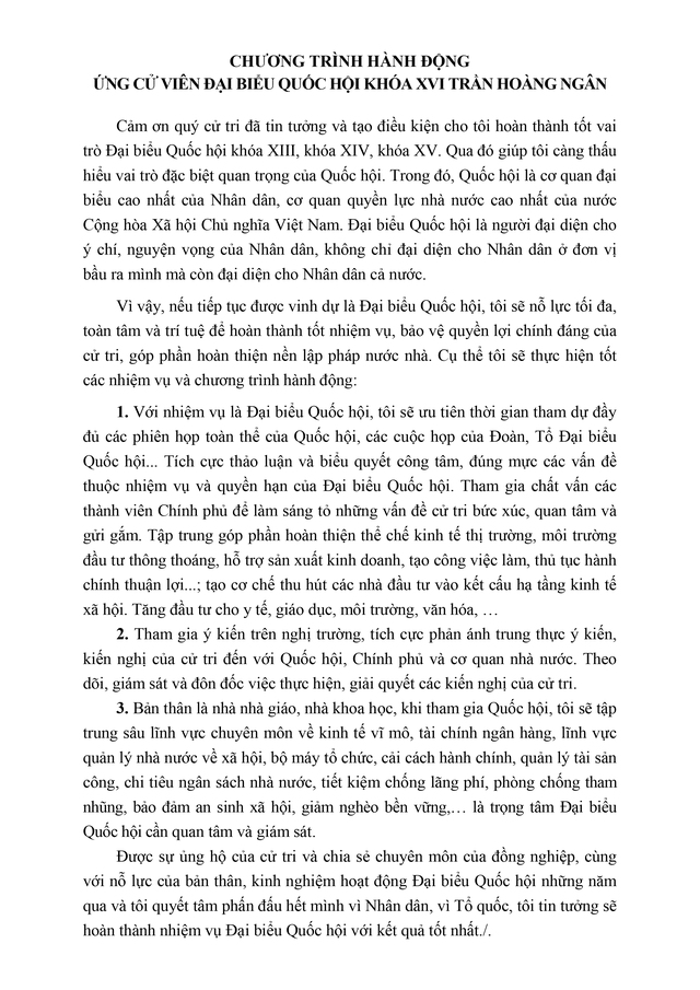 Chương trình hành động Ứng cử viên Đại biểu Quốc hội Khóa XVI Trần Hoàng Ngân - Ảnh 2.