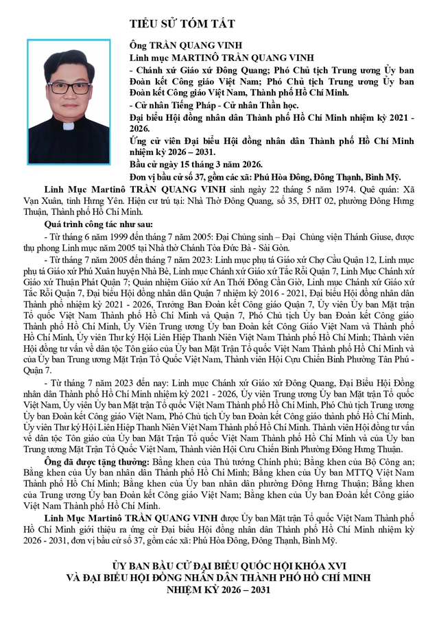 Chương trình hành động Ứng cử viên Đại biểu Hội đồng nhân dân TP. Hồ Chí Minh Khóa XI Linh mục Martinô Trần Quang Vinh- Ảnh 1.