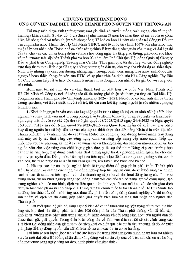 Chương trình hành động Ứng cử viên Đại biểu Hội đồng nhân dân TP. Hồ Chí Minh Khóa XI Nguyễn Việt Trường An- Ảnh 2.