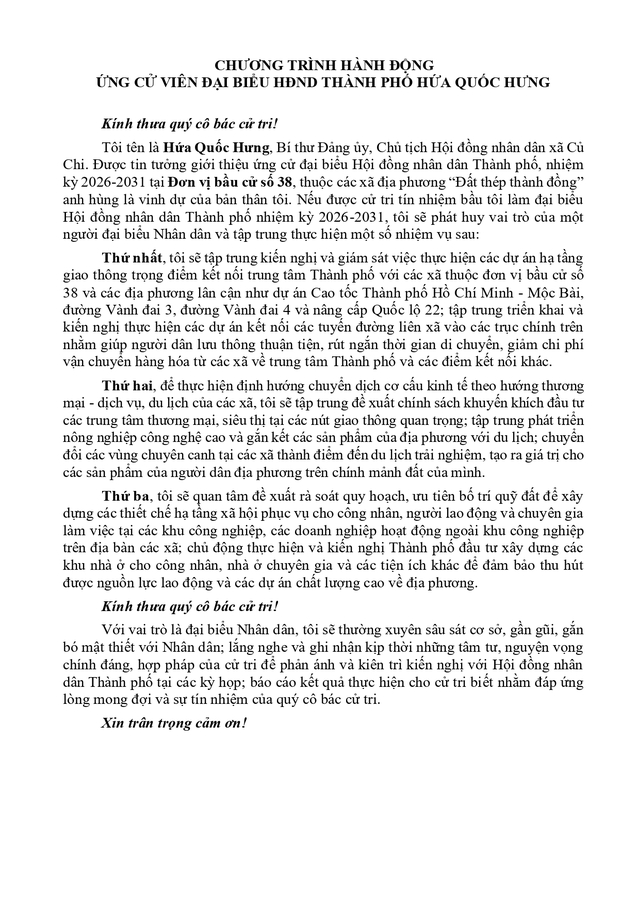 Chương trình hành động Ứng cử viên Đại biểu Hội đồng nhân dân TP. Hồ Chí Minh Khóa XI Hứa Quốc Hưng- Ảnh 2.