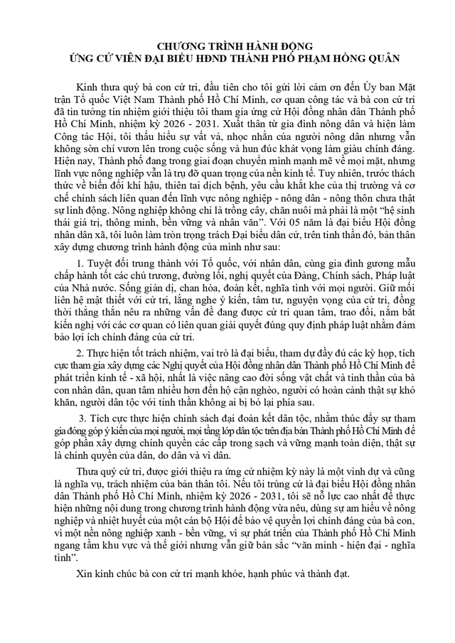 Chương trình hành động Ứng cử viên Đại biểu Hội đồng nhân dân TP. Hồ Chí Minh Khóa XI Phạm Hồng Quân - Ảnh 2.